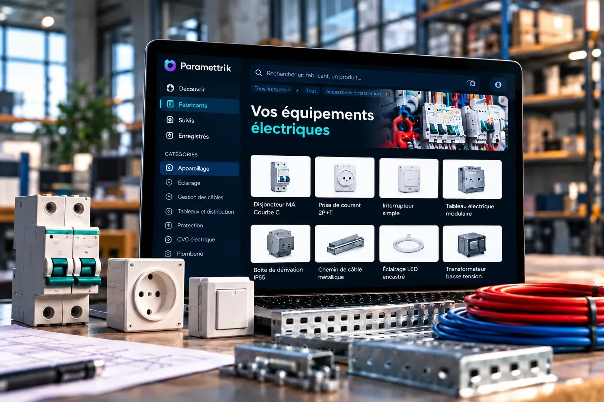 Paramettrik Library : catalogue d'équipements électriques sur un ordinateur portable, composants réels posés devant