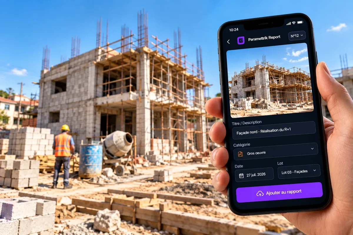 Paramettrik Report ouvert sur un téléphone, devant un chantier