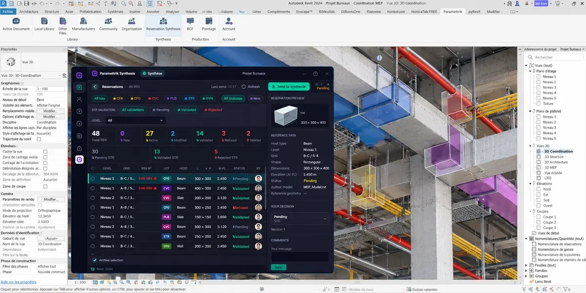 Paramettrik Synthesis ouvert dans Revit, tableau des réservations devant une maquette de réseaux